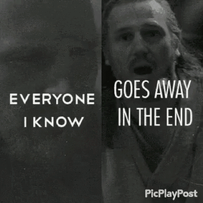 a black and white photo of a man holding a light saber with the words everyone goes away in the end