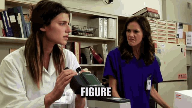 a woman in a lab coat looks through a microscope and the word figure is above her