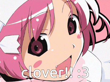 a close up of a pink anime girl with the words clover : 3 written below her