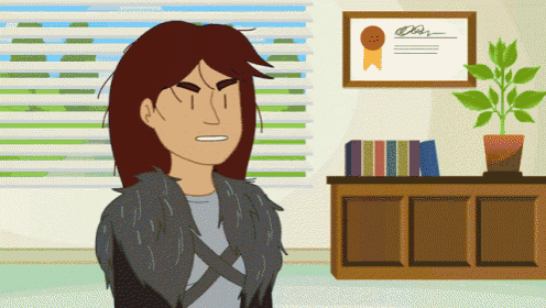 a cartoon drawing of a woman standing in front of a framed certificate