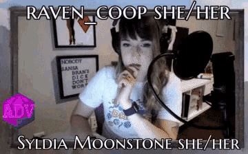 a woman sitting in front of a microphone with the words raven coop she her syldia moonstone she her above her