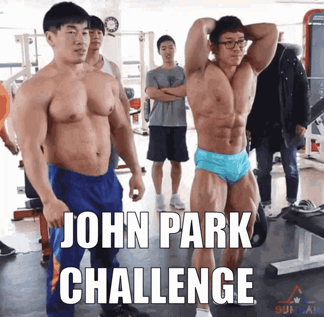 a group of muscular men are standing in a gym with the words john park challenge on the bottom