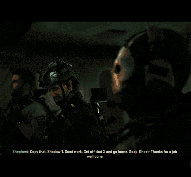 a man in a skull mask is talking to a shepherd