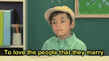 a young boy wearing a hat and a plaid shirt says to love the people that they marry