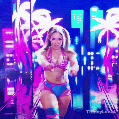 a woman in a bikini is dancing in front of palm trees and the words tiffanyluv24 on the bottom