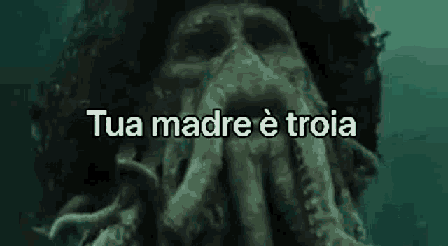 a close up of a squid with the words `` tua madre è troia '' written above it .