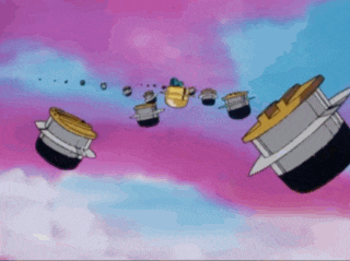 a bunch of pots are flying in the air