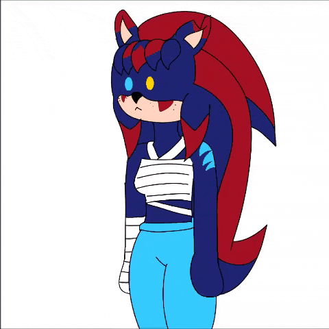 a cartoon drawing of a sonic the hedgehog with red and blue hair
