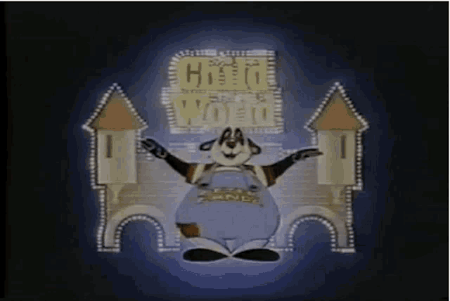 a cartoon character is standing in front of a castle and holding a sign that says hello world .