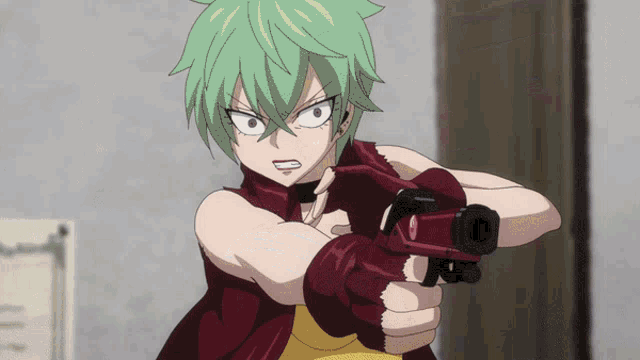a girl with green hair is pointing a red gun