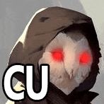 an owl with red eyes and a hood is wearing a hoodie .