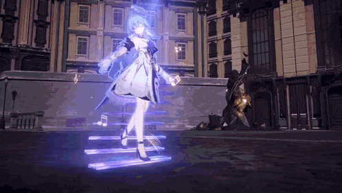 a girl in a white dress is dancing in front of a large building