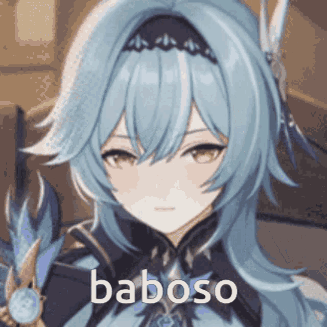 a close up of a anime girl with blue hair and the word baboso on her face .