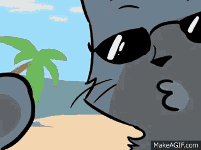 a cartoon of a cat wearing sunglasses on a beach with a palm tree in the background .