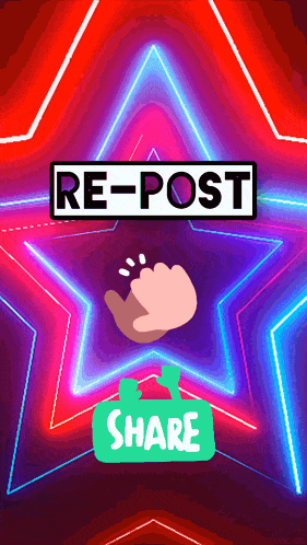 a neon sign that says re-post with a share button