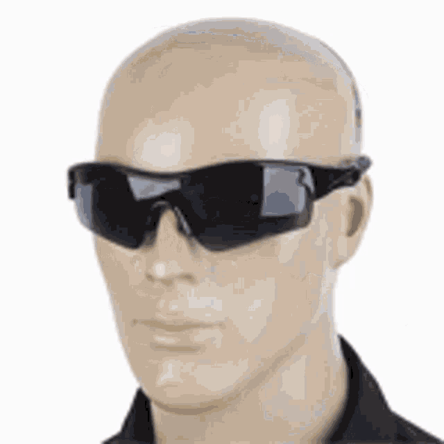 a mannequin is wearing a pair of black sunglasses .