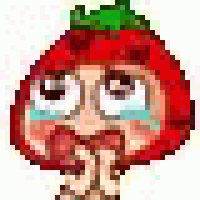 a pixel art illustration of a strawberry with tears in its eyes .