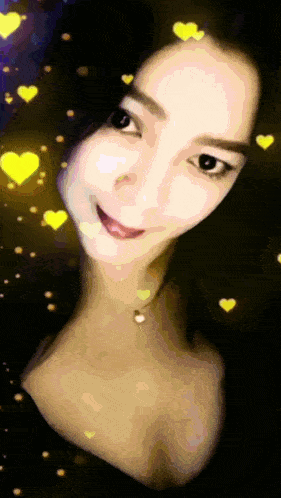 a woman with yellow hearts around her face