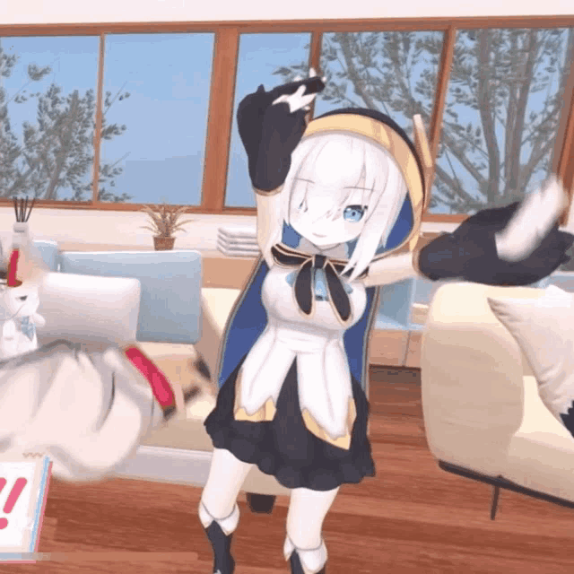a cartoon character with white hair and blue eyes is dancing in a room