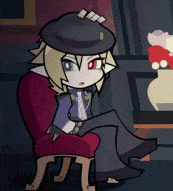 a cartoon character is sitting in a chair wearing a hat