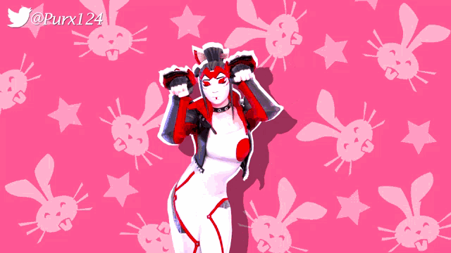 a girl in a red and white outfit is standing in front of a pink background with bunny faces and stars