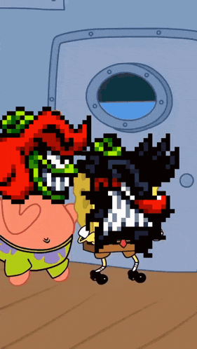 a pixelated cartoon of patrick and spongebob standing in front of a door