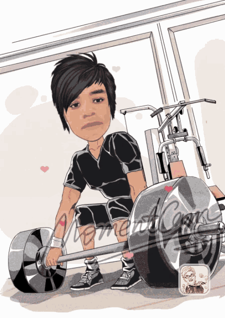 a cartoon of a man lifting a barbell in front of a sign that says moment comics