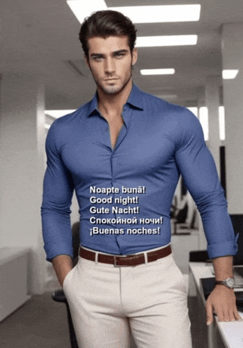 a man in a blue shirt says noapte bunal good night gute nacht
