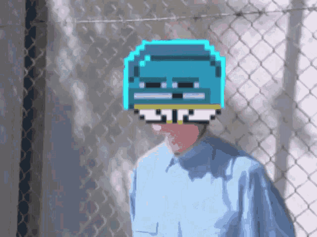 a pixel art of a man wearing a blue shirt and a helmet