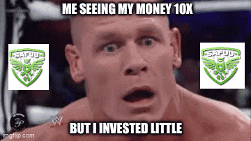 a man with a surprised look on his face and the words " me seeing my money 10x but i invested little " on the bottom
