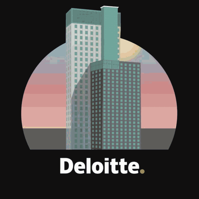 a deloitte logo with a tall building in the foreground