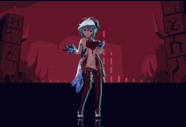 a girl with horns is standing in front of a building that says h
