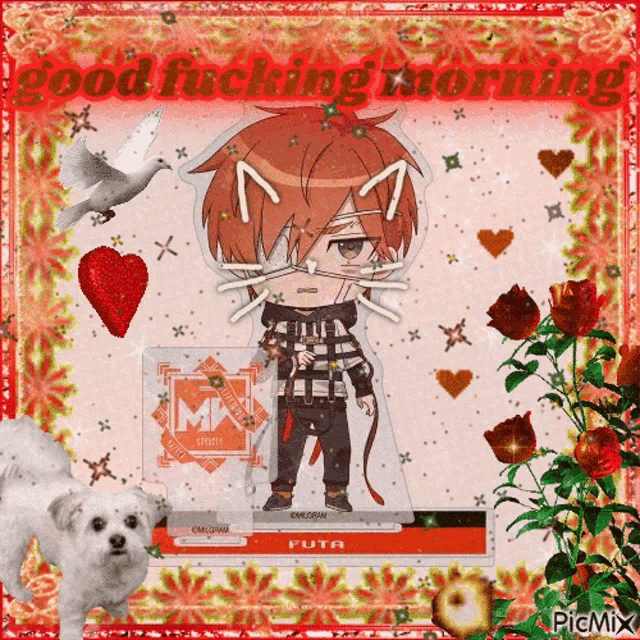 a good fucking morning greeting card with a dog and a cat