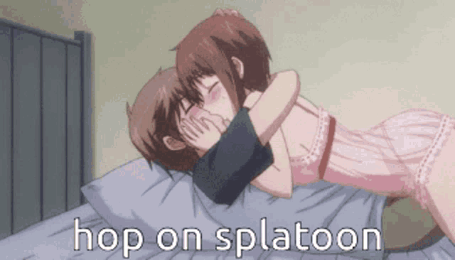 a man and woman kissing on a bed with the words hop on splatoon below them
