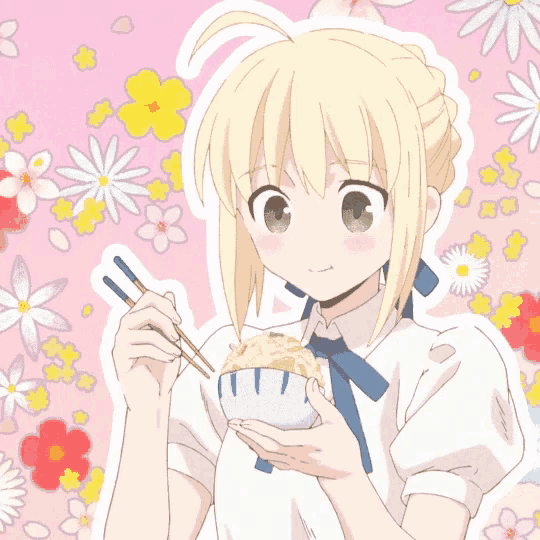a girl with chopsticks is holding a bowl of food in front of flowers