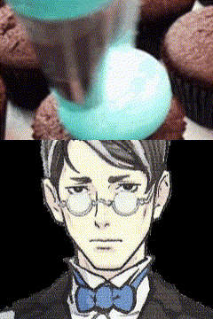 a man wearing glasses and a bow tie is standing in front of cupcakes