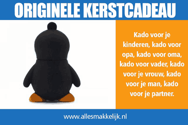 a picture of a black penguin with the words originele kerstcadeau written above it