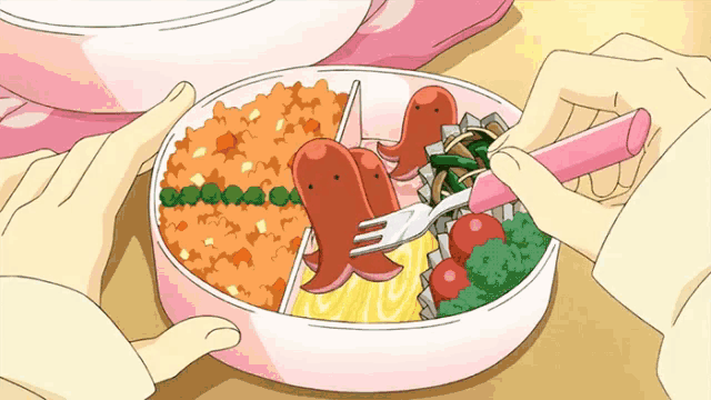 a person is holding a pink fork in front of a pink bowl of food