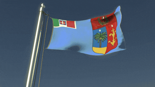 a flag with a coat of arms on it is flying in the wind