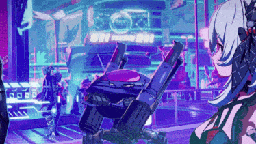 a girl with headphones is standing in front of a robot in a futuristic city .