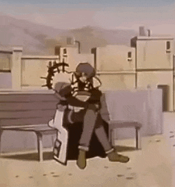 a cartoon of a man sitting on a bench with a sword in his hand .