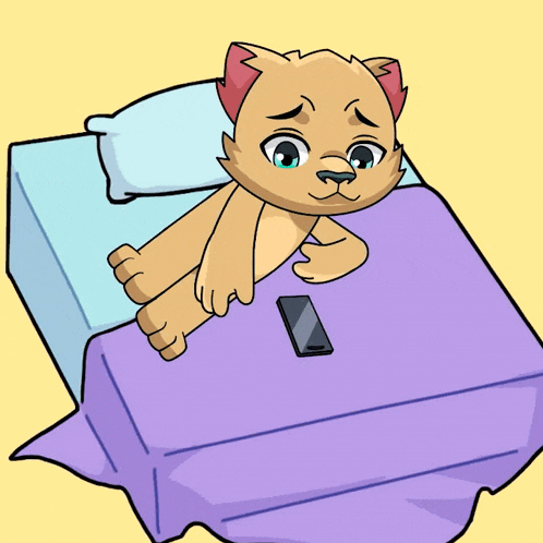 a cartoon of a cat laying on a bed with a cell phone