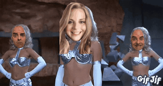 a gif of a woman with a man 's face on her chest