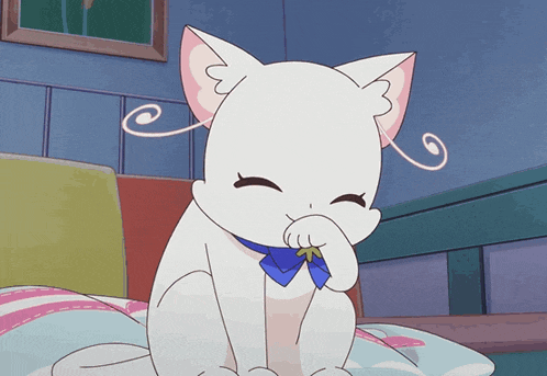 a white cat is sitting on a bed with its paw on its nose