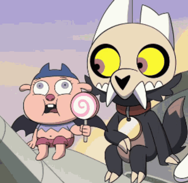 a cartoon character is holding a pink lollipop next to another cartoon character