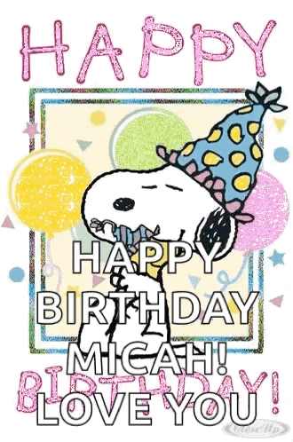 a birthday card with snoopy wearing a party hat and balloons .