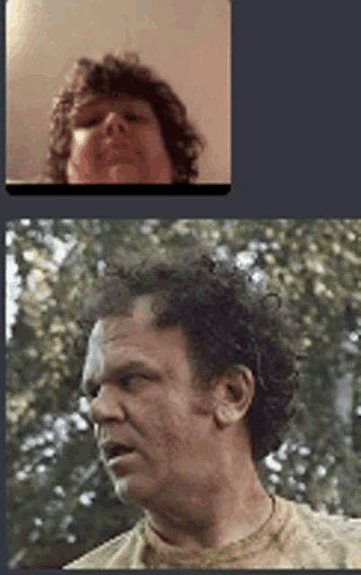 two pictures of a man with curly hair and a picture of a woman