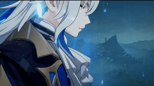 a cartoon character with long white hair and blue hair