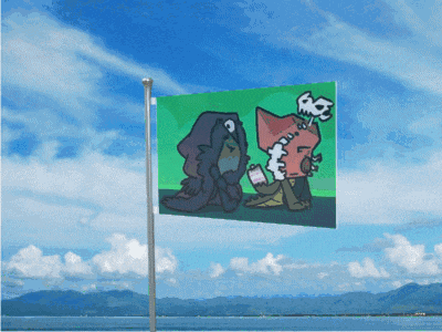 a green flag with a picture of a man and a woman