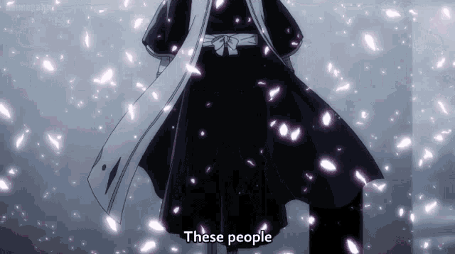 a person in a black and white outfit is surrounded by purple petals and says these people